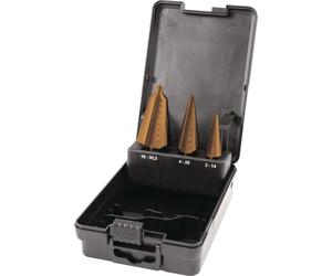 Jeu de forets à tôle 3-14/4-20/16-30,5 mm HSS-TiN, 3 pièces, coffret en plastique