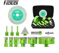 Jeu de forets diamantés FACHLICH 12 pièces 6-110 mm + fraise à doigts de 20 mm + fraises à chanfreiner de 50 mm + adaptateur + disque de coupe de 125 mm