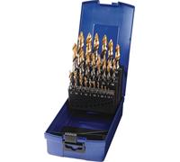 Jeu de forets hélicoïdaux DIN 338, type N, diamètre nominal 1-13 x 0,5 mm, HSS TiN, 25 pièces, coffret en plastique