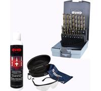 Jeu de forets hélicoïdaux RUKO HSSE-Co 5, 19 pièces, 1–10 mm, DIN 338 type VA, avec spray et lunettes de protection - WZS215214RO