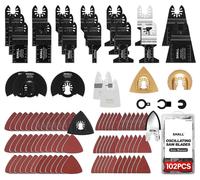 Jeu de lames multifonctions oscillantes, 102 pièces, comprenant : lames en carbure de tungstène (HCS), lames bimetalliques, disque abrasif, papier abrasif, grattoir, et mallette de rangement. Compatib