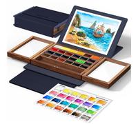 Jeu de peintures aquarelles comprenant 24 couleurs, avec une palette en bois de noyer et une housse en simili cuir