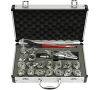 Jeu de pinces de serrage avec support - MTB2-ER32 - 19 pièces - Précision de 0,015 mm - Acier 45#/40Cr - Trempé, rectifié avec précision - Mallette en aluminium et plastique - Gris foncé