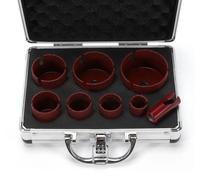 Jeu de scies cloches diamantées - Jeu de 8 couronnes de perçage - 20–68 mm, M14 - Perçage à l'eau avec aspiration des poussières - Pour meuleuse d'angle - Rouge