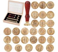 Jeu de tampons avec 26 lettres de l'alphabet (A à Z) - couleur or - comprenant des poignées en bois - idéal pour les lettres et les cartes - 26 lettres - avec poignées en bois - couleur or - pour lett