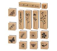 Jeu de tampons en bois et en caoutchouc, 15 pièces, motifs : papillon, oiseau, fleur, dimensions : 3,2 x 3,2 cm