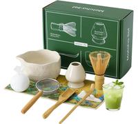 Jeu de thé Matcha japonais - Ensemble de cérémonie de 9 pièces - Balai en bambou, cuillère, bol, support pour balai - Céramique - blanc