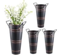 JEUIHAU Lot de 4 vases en métal galvanisé de 22,9 cm avec poignées, seaux floraux rustiques pour arrangements floraux, décoration de maison et de mariage, noir