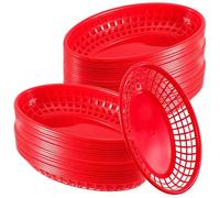 JEUIHAU Lot de 50 paniers ovales en plastique rouge de 22,9 x 14,2 cm pour poulet, hamburgers, frites, sandwichs, collations, pain, fruits
