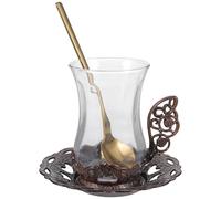 JEWEDECO Tasse à Thé avec Cuillère en Alliage D'aluminium et Verre, Design Simple et Lignes Élégantes, pour Servir Café ou Soupe avec Soucoupe Assortie