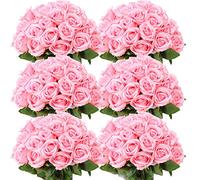 Jexine Lot de 50 Roses artificielles réalistes en Soie avec Tige - Bouquet de Fleurs en Plastique - Aspect réaliste - pour Maison, Mariage, centres de Table, décorations de fête (Rose)