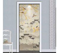 JGCAI Sticker De Porte 3D Fleur Et Oiseau Chinois Autocollant Porte PVC Papier Peint Mural Imperméable Art Decal Affiche Amovible pour Salon Cuisine Chambre Décoration Stickers Porte 95x215cm