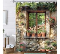 JGGXHM Rideau de Douche Effet Brique et Pierre, décor Floral Vintage à Feuilles Vertes, Style Rustique, 130x183cm(LxH)
