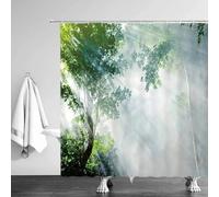 JGGXHM Rideaux de Douche en forêt d'arbres Lumière du Soleil Arbres mystérieux au Petit Matin Paysage Naturel Tissu Vert Blanc Décoration de Salle de Bain 120x240cm/WxH