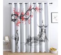 JHAHZJ Rideau Occultant Style Japonais, Rideaux Thermiques à Oeillets pour Salon Chambre Fenetre, Motif Fleur Grue Paysage Rideaux Lot De 2 Moderne Décoration De Fenêtre, 140x160 cm (L x H)