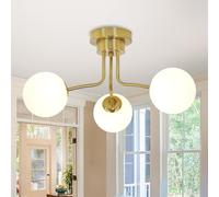 JHLBYL Plafonnier moderne en laiton doré, abat-jour en verre blanc à 3 lumières avec base G9, plafonnier semi-affleurant, luminaire suspendu doré pour salon, chambre à coucher, salle à manger