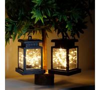 JHY DESIGN Lot de 2 Lanternes Solaires Decoration Exterieures Jardin 12,5cm Hauteur Pendre Étanche Lanterne Solaire Guirlande Lumineuse LED pour Terrasse Véranda Pelouse Cour Clôture (Noir)