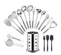 JIAC Lot de 18 Ensemble Ustensiles de Cuisine Inox Set Ustensile Cuisine en Acier Inoxydable avec Louche,Spatule,Ecumoire Cuisine Inox,Presse-Purée,Roulette à Pizza,Araignée Cuisine,Batte à œufs