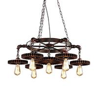 JIAODIE Rétro Lustre L'ancienne Chandelier Lustres Lumières Roue dentée Plafonnier Industriel Creative Suspensions Lamp Bar Comptoir Décoration Café Restaurant Bois Massif Lumières Suspendues,7*E27