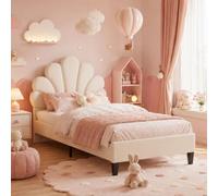 JiaOyu Lit d'enfant capitonné, 90 x 200 cm, cadre de lit pour fille, avec tête de lit fleurie et sommier à lattes, en velours, en forme de coquillage, avec pieds en fer doré, sans matelas (beige/90 x