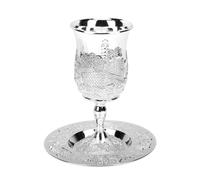 Jiawu Ensemble de Tasses de Kiddouch, Gobelet à Vin Vintage à Pied de 15 Cm de Haut avec Plaque en Alliage de Zinc pour les Mariages, les Cérémonies de Vacances (Couleur Argent)