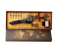 Jiawu Ensemble Stylo Plume et Encre Vintage, Stylo Plume de Calligraphie Rétro avec 5 Plumes en Acier Inoxydable, Base en Laiton et Encre 15 Ml, Taille Compacte pour l'écriture de Dessin Artistique