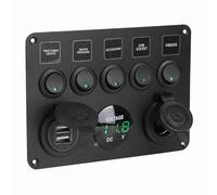 Jiawu Panneau d'interrupteur à Bascule à 5 Gangs, Construction en Alliage d'aluminium Compatible 12 V 24 V avec Voltmètre Numérique pour Camping-car, Voiture, Bateau, Camion (GREEN)