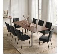 JIEXI Ensemble table de repas extensible noyer avec 8 chaises rembourrées velours noir pour salon et bureau