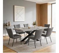 JIEXI Ensemble table de salle à manger extensible avec 6 chaises, plateau en MDF gris, base en métal en forme de X