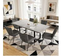 JIEXI Ensemble table de salle à manger extensible et 6 chaises de 130 à 170 cm, pieds en métal, coussins épais