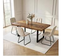 JIEXI Ensemble Table et 4 Chaises, Bois Rustique et Velours Beige, 160x80cm | 5 Pièces, Bois Vieilli en Métal Noir