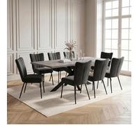 JIEXI Lot de 8 tables et chaises de salle à manger extensibles en MDF avec chaises rembourrées en flanelle noire, 160 à 200 cm