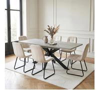 JIEXI Table de salle à manger extensible et 6 chaises, 130 à 170 cm table de cuisine en MDF grise avec chaises en velours beige