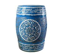JIHAJU Tabouret Jardin 18 Pouces Bleu Blanc Porcelaine Chinoise, Table d’Appoint Tambour Céramique, Motif Fleur Oiseau, Design Ajouré, Support Plante, Déco Terrasse(R)