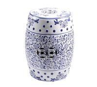 JIHAJU Tabouret Jardin 18 Pouces Bleu Blanc Porcelaine Chinoise, Table d’Appoint Tambour Céramique, Motif Fleur Oiseau, Design Ajouré, Support Plante, Déco Terrasse(C)