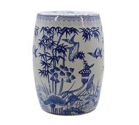 JIHAJU Tabouret Jardin 18 Pouces Bleu Blanc Porcelaine Chinoise, Table d’Appoint Tambour Céramique, Motif Fleur Oiseau, Design Ajouré, Support Plante, Déco Terrasse(CC)