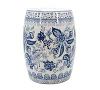 JIHAJU Tabouret Jardin 18 Pouces Bleu Blanc Porcelaine Chinoise, Table d’Appoint Tambour Céramique, Motif Fleur Oiseau, Design Ajouré, Support Plante, Déco Terrasse(N)