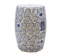 JIHAJU Tabouret Jardin 18 Pouces Bleu Blanc Porcelaine Chinoise, Table d’Appoint Tambour Céramique, Motif Fleur Oiseau, Design Ajouré, Support Plante, Déco Terrasse(M)