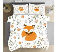 Jijliczc Housse Couette Renard Dessin Animé Parure de Lit Plante Fleurs Mignonne Housse de Couette avec Éclair, Parure de Lit 3 Pièces 240x260cm avec 2 Taie d'oreiller 65x65cm Convient