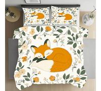 Jijliczc Housse de Couette 140x200cm Animal Renard Dessin Animé Parure de Lit Plante Fleurs Mignonne Housse Couette 1 Personnes avec 2 Taies d'oreiller Doux et Respirant Polyester Ensembles 65x65cm