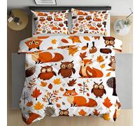 Jijliczc Housse de Couette 90x190cm Hibou Renard Dessin Animé Parure de Lit Plante Feuilles Housse de Couette avec 1 Taies d'oreiller, Housses Couette Convient aux Enfants et Adolescent