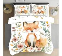 Jijliczc Parure de Lit 3 Pièces Renard Dessin Animé Housse de Couette Plante Fleurs Mignonne Housse de Couette 200x200cm en Microfibre Fermeture avec 2 Taies d'oreiller 65x65cm Ensembles Douce