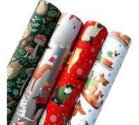 Jillson & Roberts Lot de 4 rouleaux de papier cadeau de Noël pour enfants (2,5 m² par rouleau, 100 m² au total) Motif hérisson, chiens, chats, traîneau