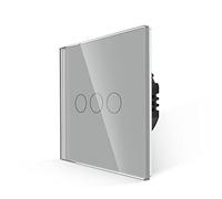 JIMEIDA Interrupteur unipolaire, pas de fil neutre nécessaire, interrupteur de contrôle tactile avec panneau en verre gris, interrupteur mural moderne avec rétroéclairage LED, 3 boutons 1 voie