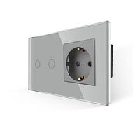 JIMEIDA Prise avec interrupteur lumineux gris, interrupteur tactile en verre avec prise Schuko encastrée, interrupteur mural 2 divisions 1 pôle avec LED d'état, 500 W/division