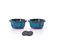 Jinfa Lot de 2 Pots à Bonsaï en Céramique Émaillée avec Trous de Drainage, Grilles Filtrantes & Plateaux Bambou | Design Japonais Traditionnel | Pots Décoratifs pour Plantes Intérieures