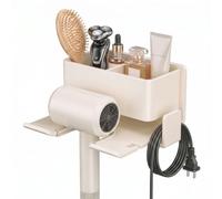 Jinfanshurich Support pour sèche-cheveux sans perçage - Support pour sèche-cheveux en aluminium avec panier de rangement, crochet de câble, compatible universel, montage mural, accessoire de salle de