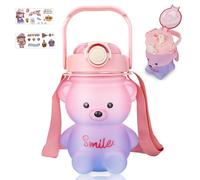 JINGGWW Bouteille d'eau de 1 050 ml avec sangle et paille, motif ours mignon de couleur dégradée, bouteille d'eau Kawaii pour enfants, gobelets en plastique étanche pour femme, école, sport, camping