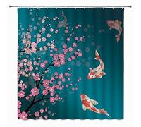 jingjiji Rideau de douche japonais en fleurs de cerisier asiatique, chinois, oriental, aquarelle, bleu sarcelle, branche de fleurs, poisson, carpe, fleurs printanières, peinture à l'encre