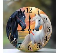 Jinmer Horloge Murale en Bois Ronde Motif Cheval Noir et Blanc, Cuisine, Salon, Horloge Décorative Silencieuse, sans Tic-Tac, Fonctionne à Piles, Décoration D'intérieur,30 cm